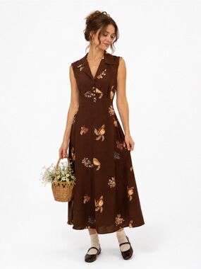 Vintage Infinito Brown Fruit Print Sleeveless Maxi Cottagecore Dress